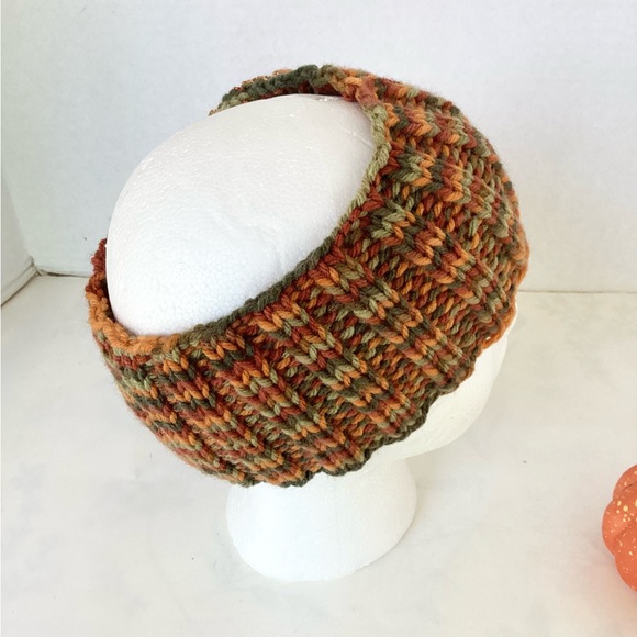 Headband Earwarmer Hand Crafted Multicolor Green Rust Bronze Orange Glitter Knit - Picture 12 of 15